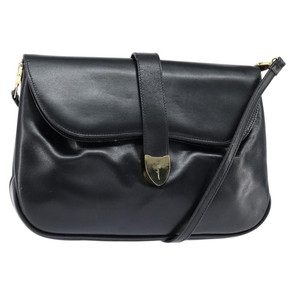 Authentic Salvatore Ferragamo Shoulder Bag Leather Black Gold